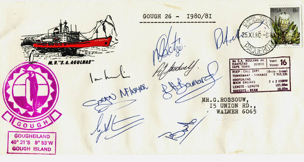 Team members collect stamps on envelopes of their trips into the Southern Ocean