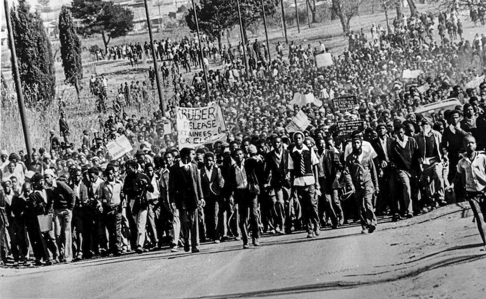 Students march in Soweto during the 1976 protests