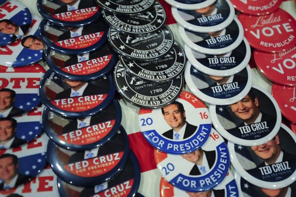 Buttons for Republican hopeful Ted Cruz's campaign